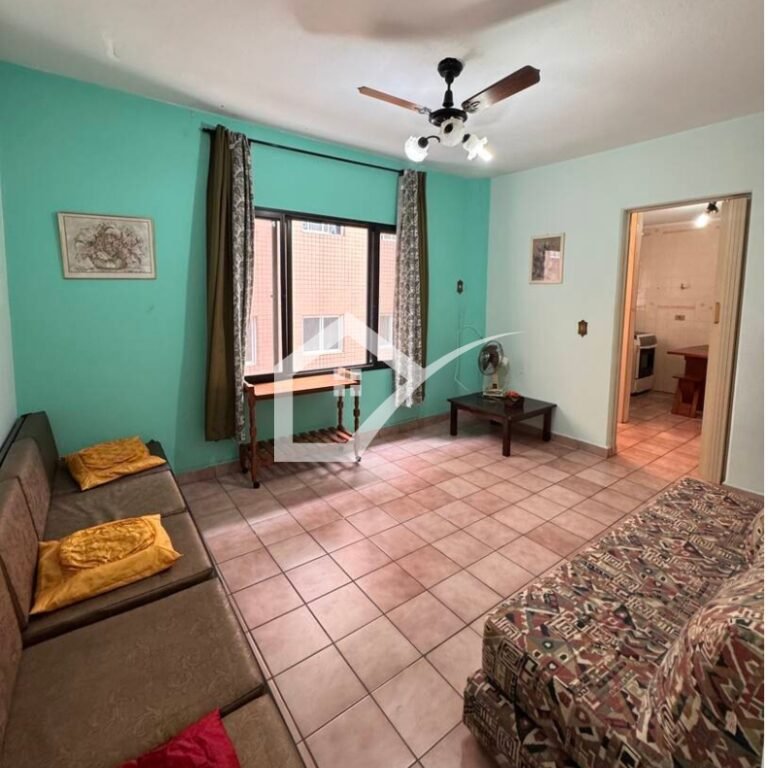 Sala apartamento à venda (46m²), 100 metros da praia, 1 quarto, 1 vaga